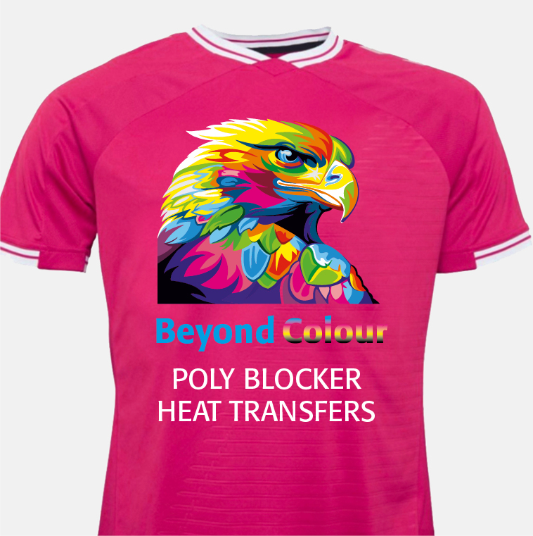 The Poly Blocker DTF transfer is ideal for use on plain or patterned polyester sports fabrics where there is potential for dye migration.